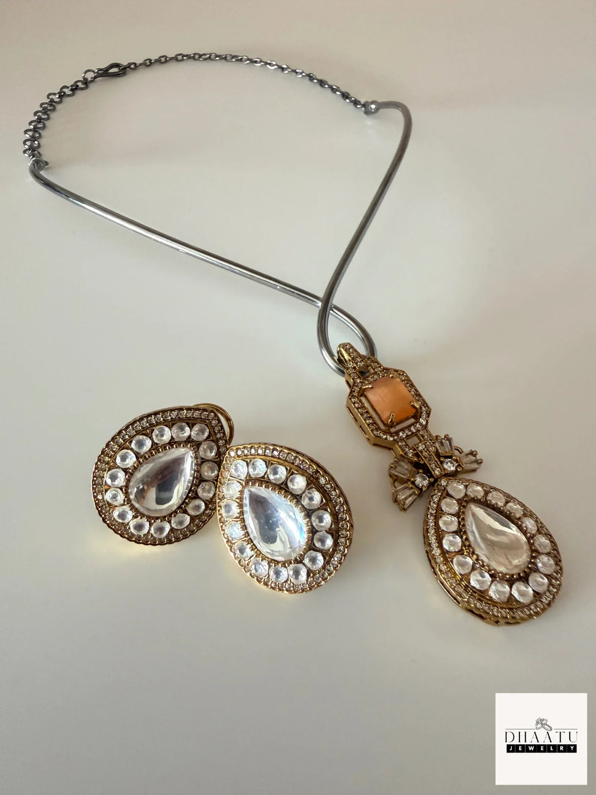 Pear-Cut Gemstone Fusion Jewelry Set – Gold-Plated Teardrop Necklace & Studs with Baguette Halo