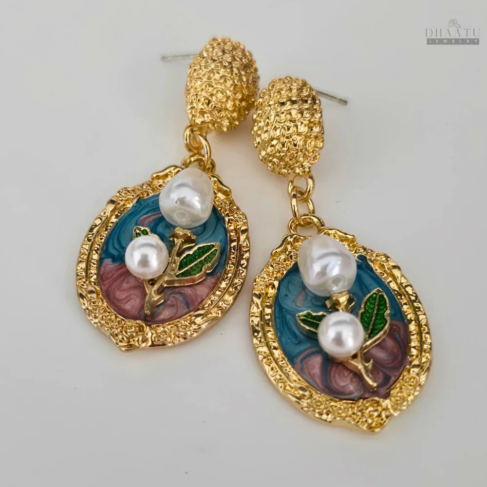 Vintage Floral Drop Earrings with Pearl Accents