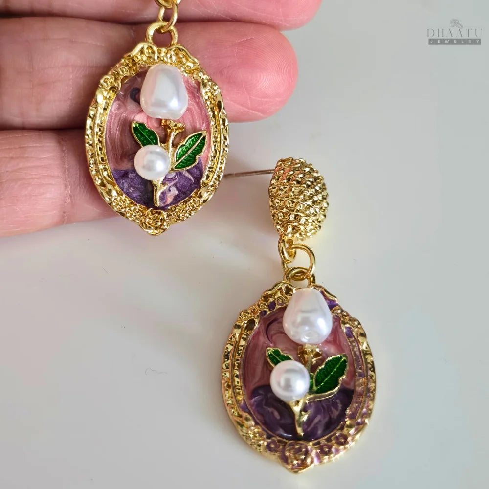 Vintage Floral Drop Earrings with Pearl Accents