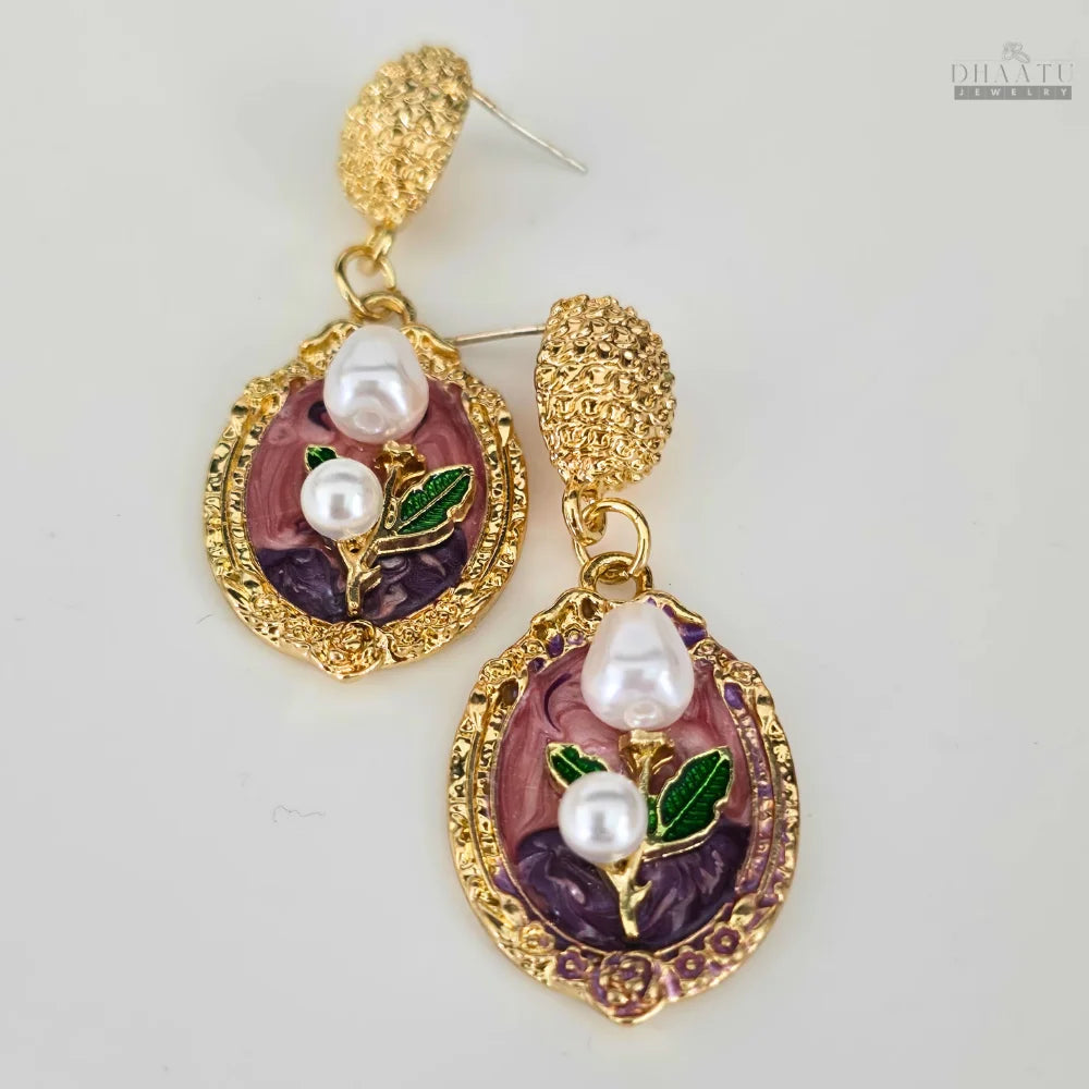 Vintage Floral Drop Earrings with Pearl Accents