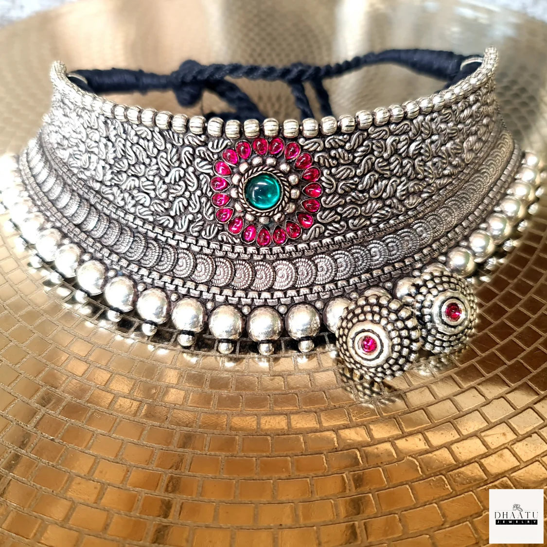 Oxidized Silver Finish Choker Necklace Set with Green & Ruby Stone Detailing - Ethnic Statement Jewelry