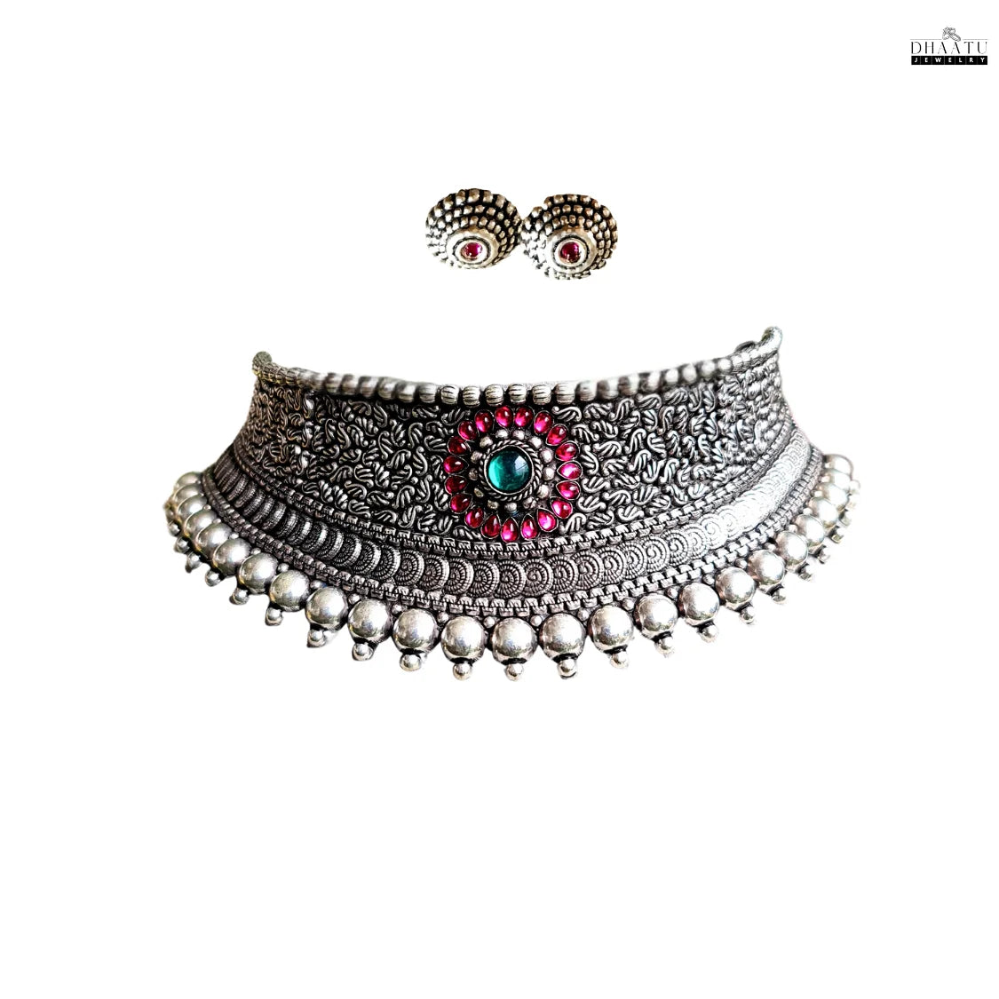 Oxidized Silver Finish Choker Necklace Set with Green & Ruby Stone Detailing - Ethnic Statement Jewelry