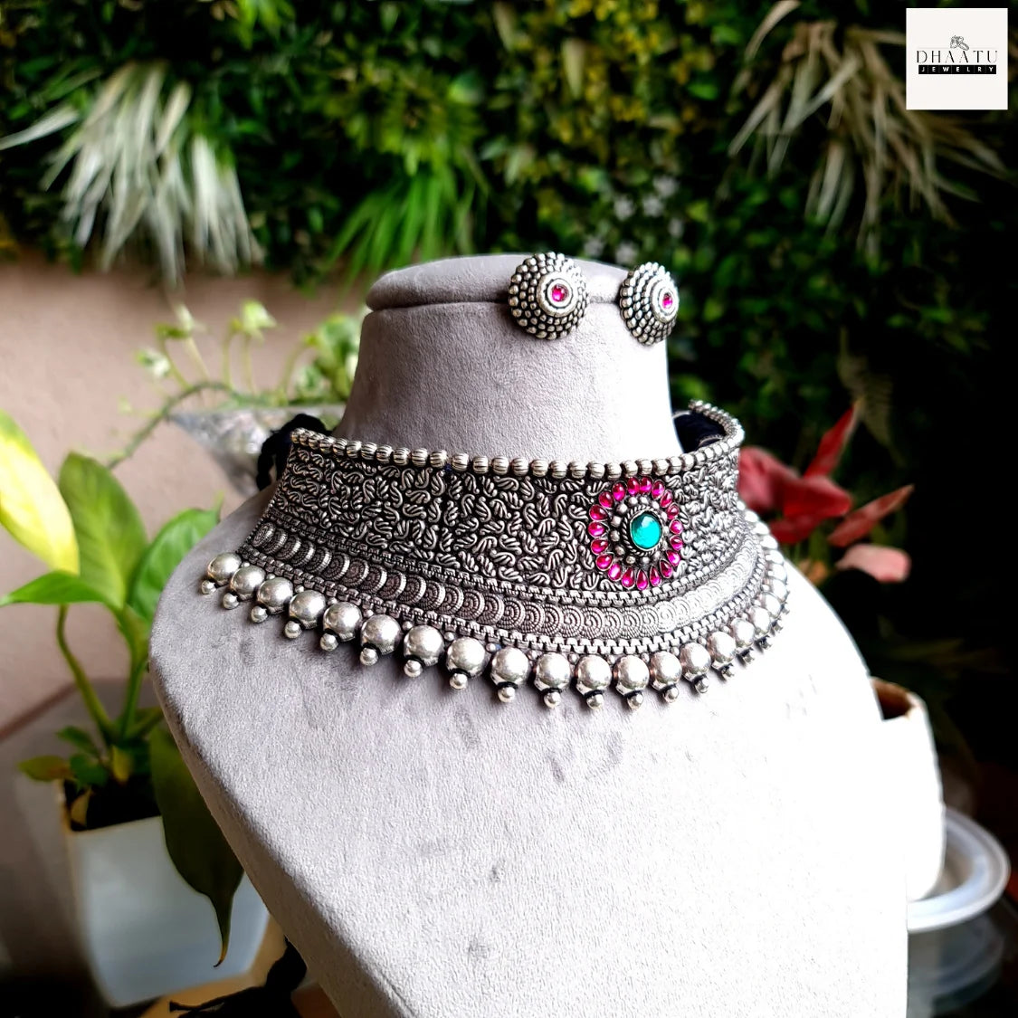 Oxidized Silver Finish Choker Necklace Set with Green & Ruby Stone Detailing - Ethnic Statement Jewelry
