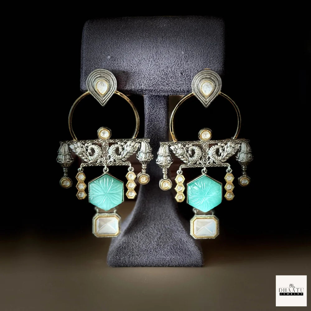 Kundan Polki & Carved Stone Oxidized Fusion Drop Earrings
