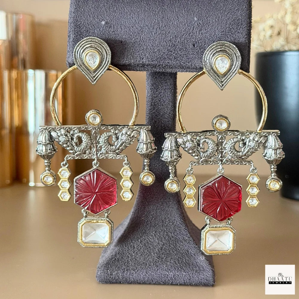 Kundan Polki & Carved Stone Oxidized Fusion Drop Earrings