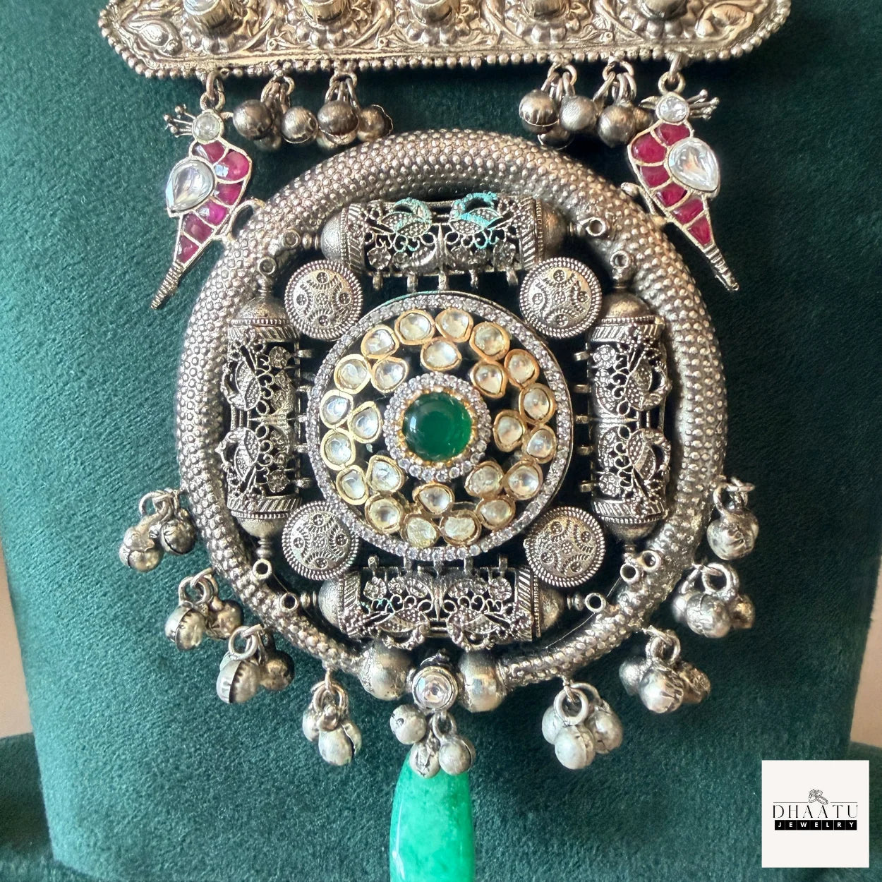 Antique Silver Oxidized Kundan Statement Necklace Set with Pearl Strands and Emerald Drop