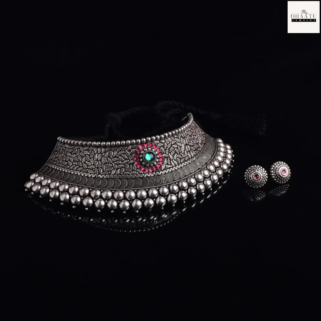 Oxidized Silver Finish Choker Necklace Set with Green & Ruby Stone Detailing - Ethnic Statement Jewelry