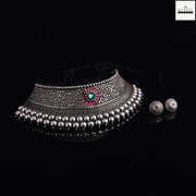 Oxidized Silver Finish Choker Necklace Set with Green & Ruby Stone Detailing - Ethnic Statement Jewelry