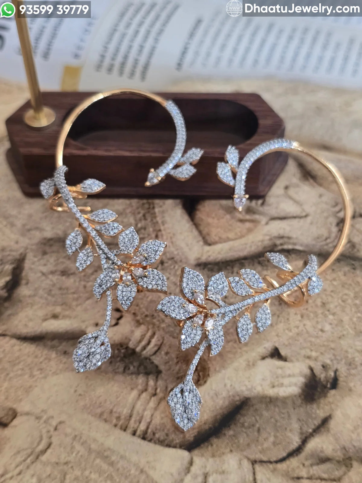Premium Gold Plated Floral Vine Ear Cuff Earrings - CZ Stone Studded Full Ear Wrap Crawler with Cartilage Support Clasp