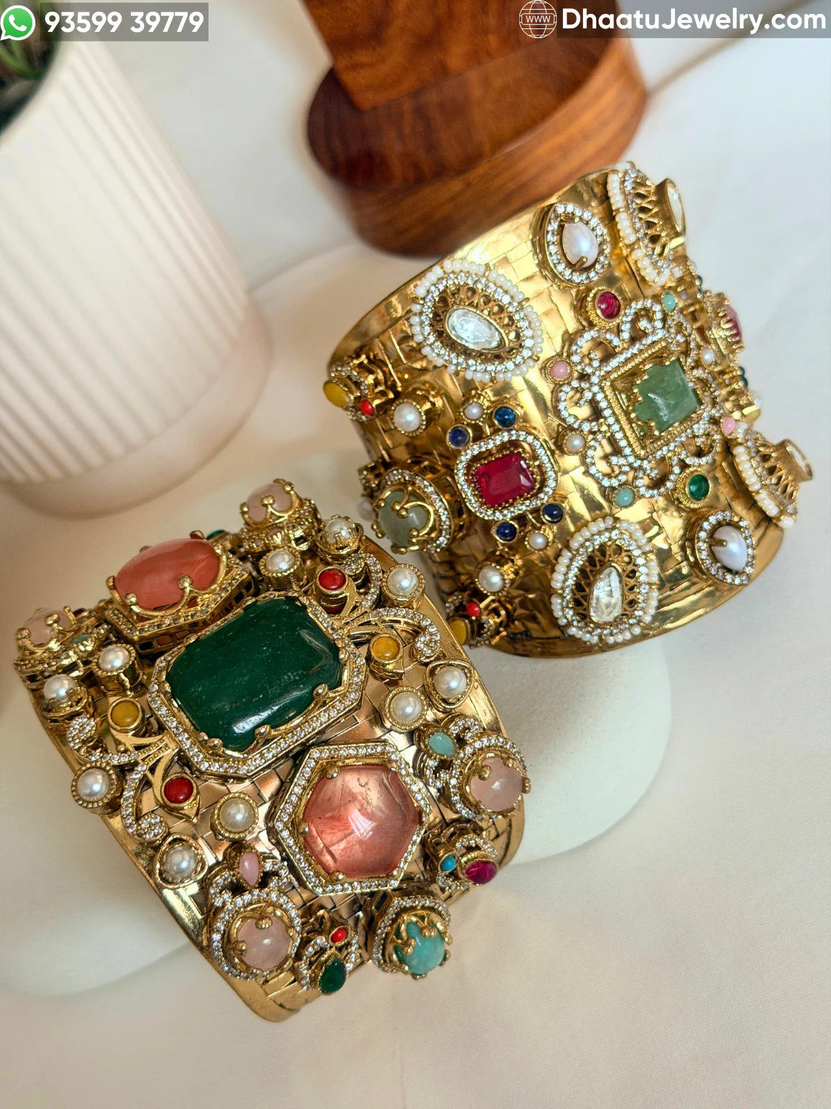 Sabyasachi-Inspired Navratna Multi-Stone Wide Cuff Bracelet | Gold-Plated Brass Statement Kada