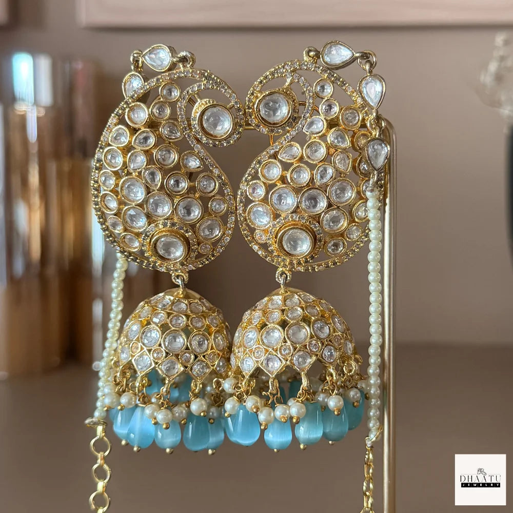 Regal Polki Kundan Jhumka Earrings with Sky Blue Drops and Kaan Chain