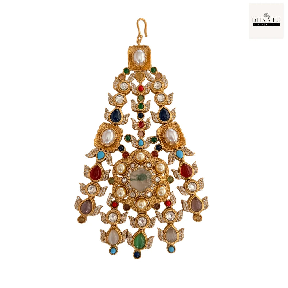 Kundan Passa – Traditional Jhumar Hair Accessory with Pearl Droplets & Multicolor Stones