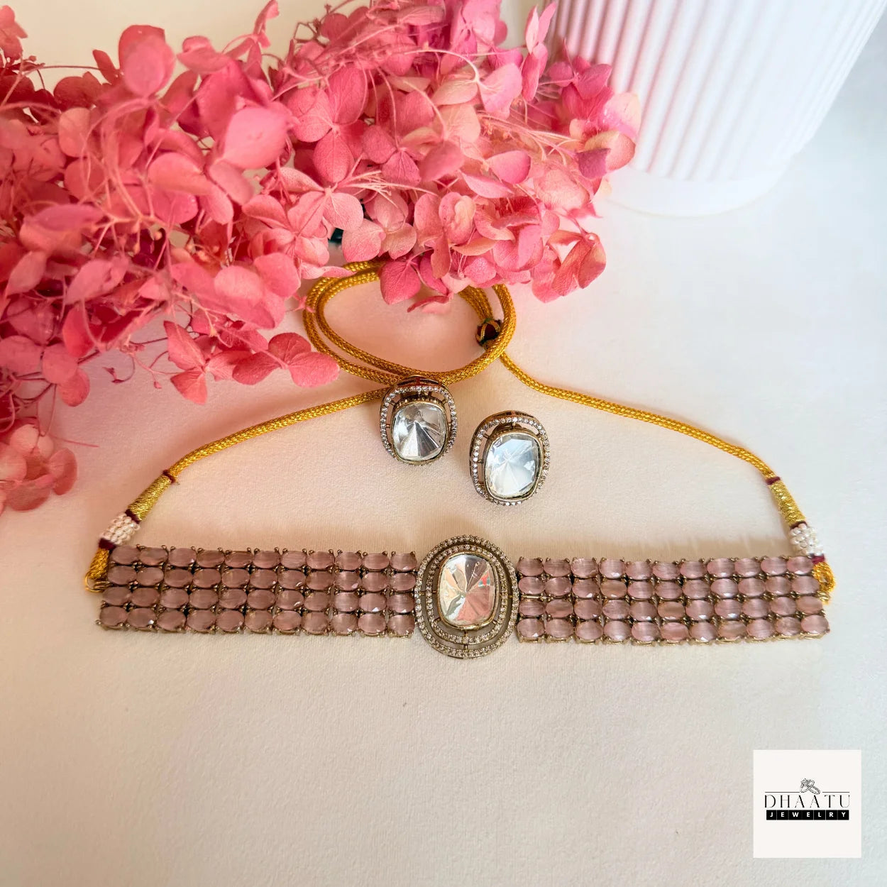 Handcrafted 4-Line Kundan Fusion Choker Set with Matching Studs – Available in Pastel Pink & Mint Green