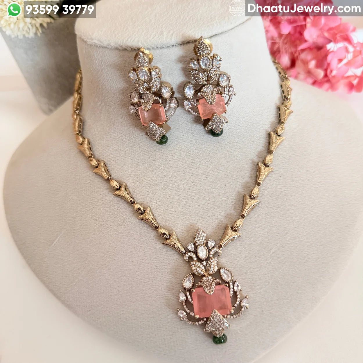 Handcrafted Floral Motif Necklace Set with Rectangular Baguette Stones and Contrast Drops
