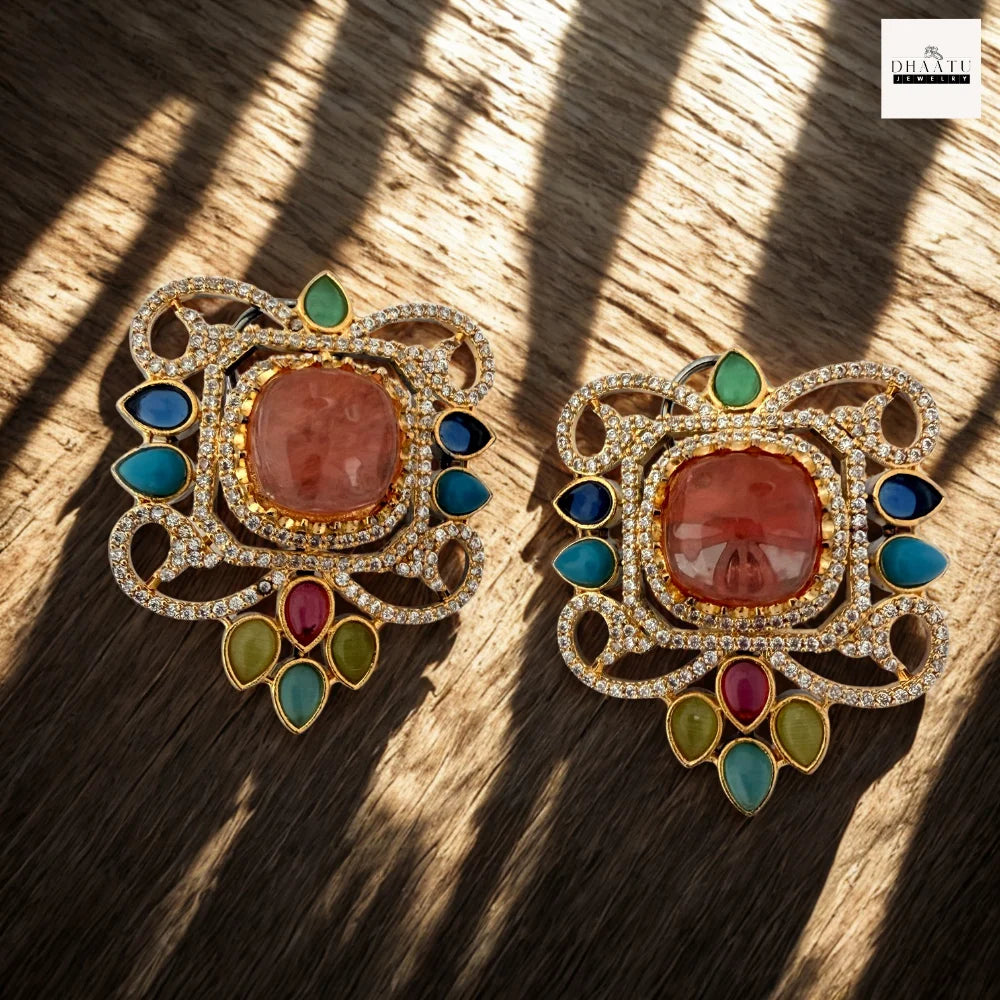 Semi-Precious Stone Studs with CZ Pavé Border (5 Variants)