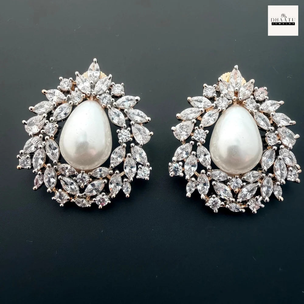 Lustrous Teardrop Pearl & American Diamond (AD) Halo Stud Earrings (Available in Gold & Silver)