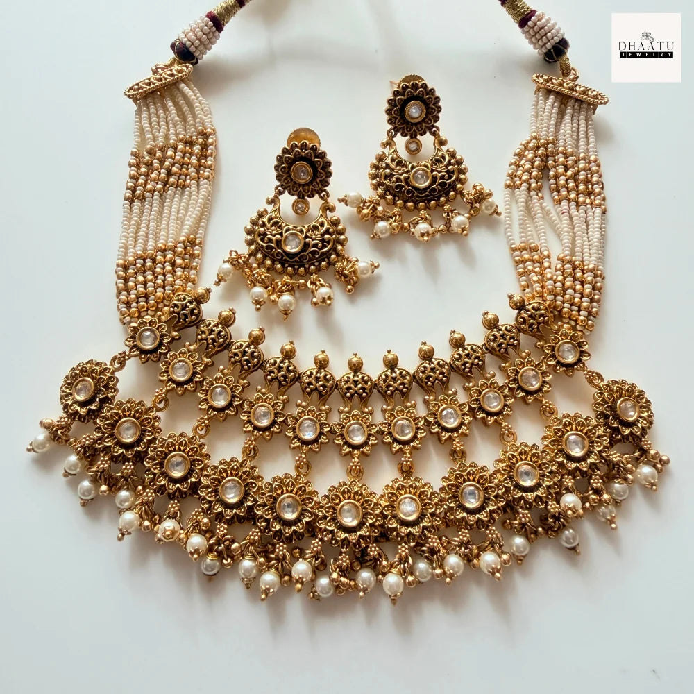 Antique Gold-Plated Kundan Polki Choker Necklace Set with Seed Pearl Multi-Strands and Matching Chandbalis