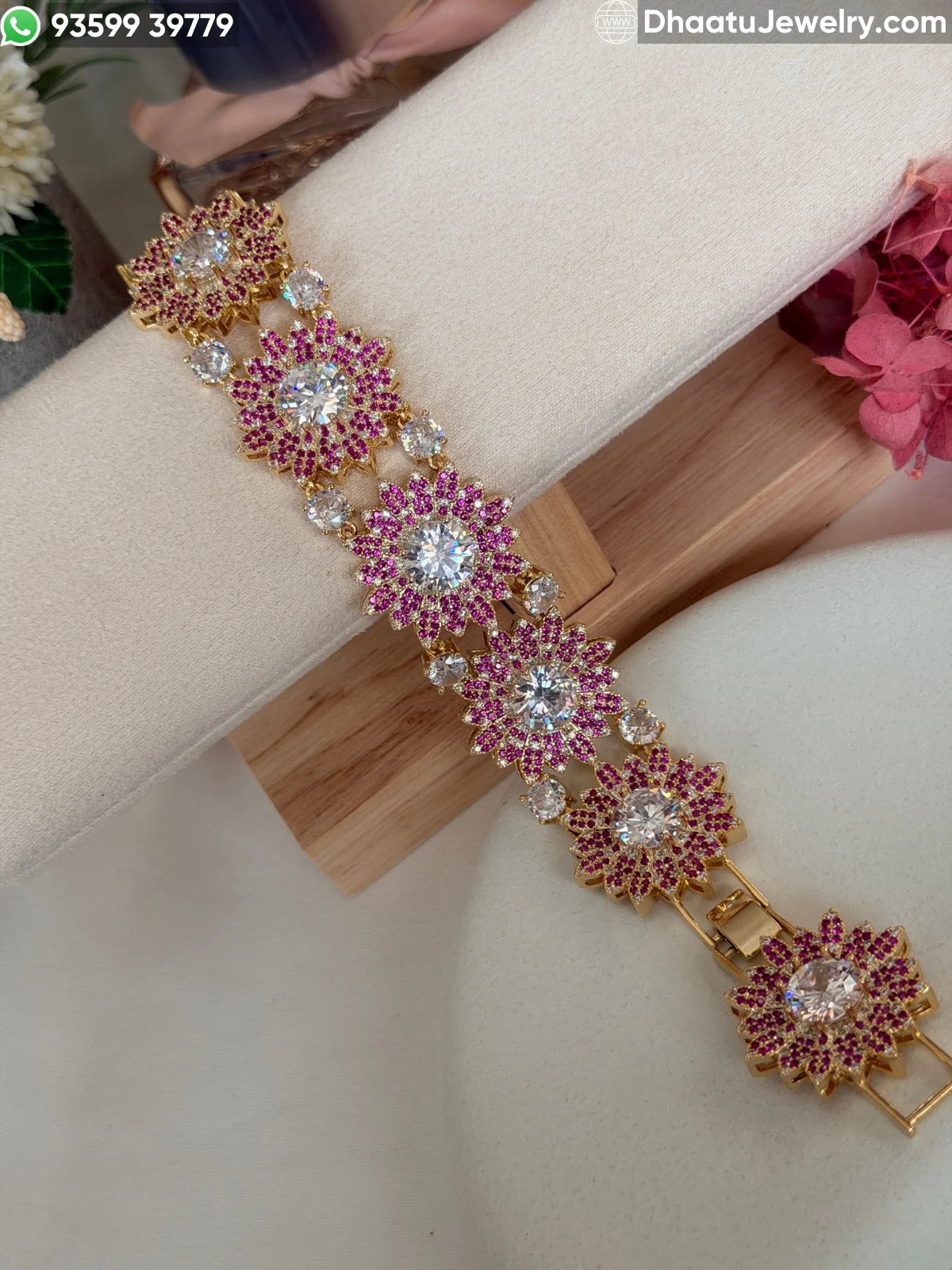 Floral Burst 18k Gold Plated Adjustable Bracelet - Zirconia Sunflower Link Design in Multicolor, Canary Yellow, and Ruby Pink (18-21cm)