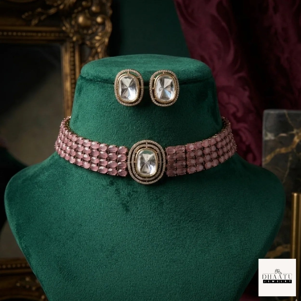 Handcrafted 4-Line Kundan Fusion Choker Set with Matching Studs – Available in Pastel Pink & Mint Green