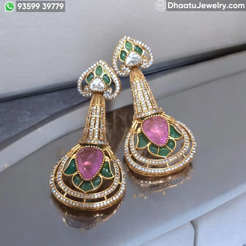 Handcrafted Moissanite Polki Long Dangle Earrings with Multi-Color Doublet Gemstones in 18K Gold Plating - Traditional Meenakari Inspired Statement Drops