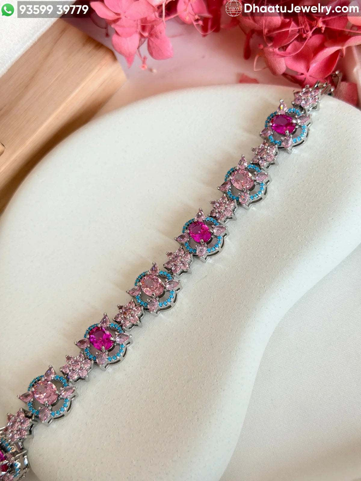 Multicolor and Pink Floral Crystal Statement Bracelet - Gold & Silver Toned - 18cm to 21cm Adjustable Length