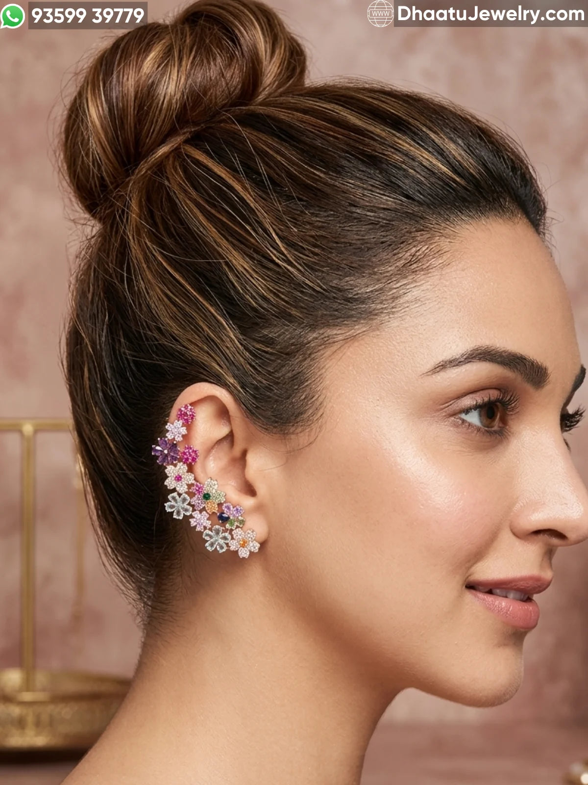 Premium Gold Plated Floral Ear Climber Cuff Earrings – Handcrafted Multicolored & Blue Stone Studded Botanical Crawlers with Secure Cartilage Clasp