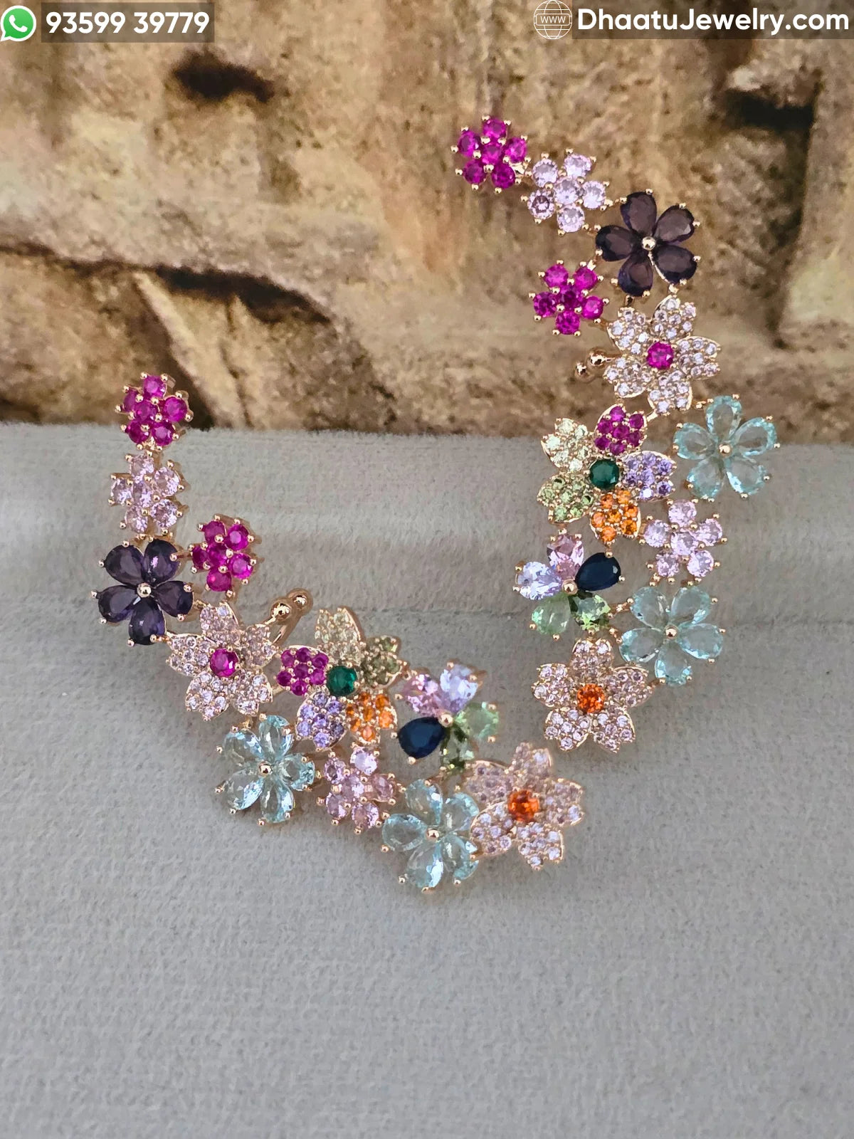 Premium Gold Plated Floral Ear Climber Cuff Earrings – Handcrafted Multicolored & Blue Stone Studded Botanical Crawlers with Secure Cartilage Clasp
