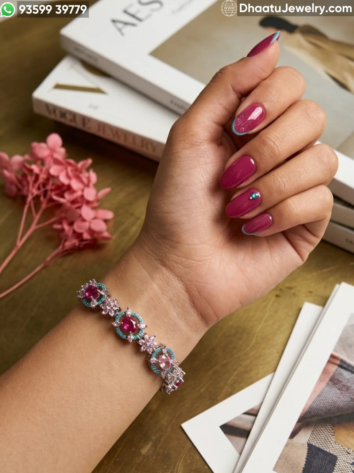 Multicolor and Pink Floral Crystal Statement Bracelet - Gold & Silver Toned - 18cm to 21cm Adjustable Length