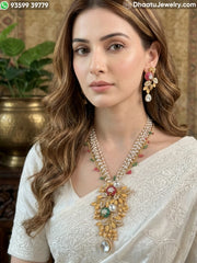 Gold-Finished Brass Floral Kundan & Pearl Layered Necklace Set with Matching Earrings