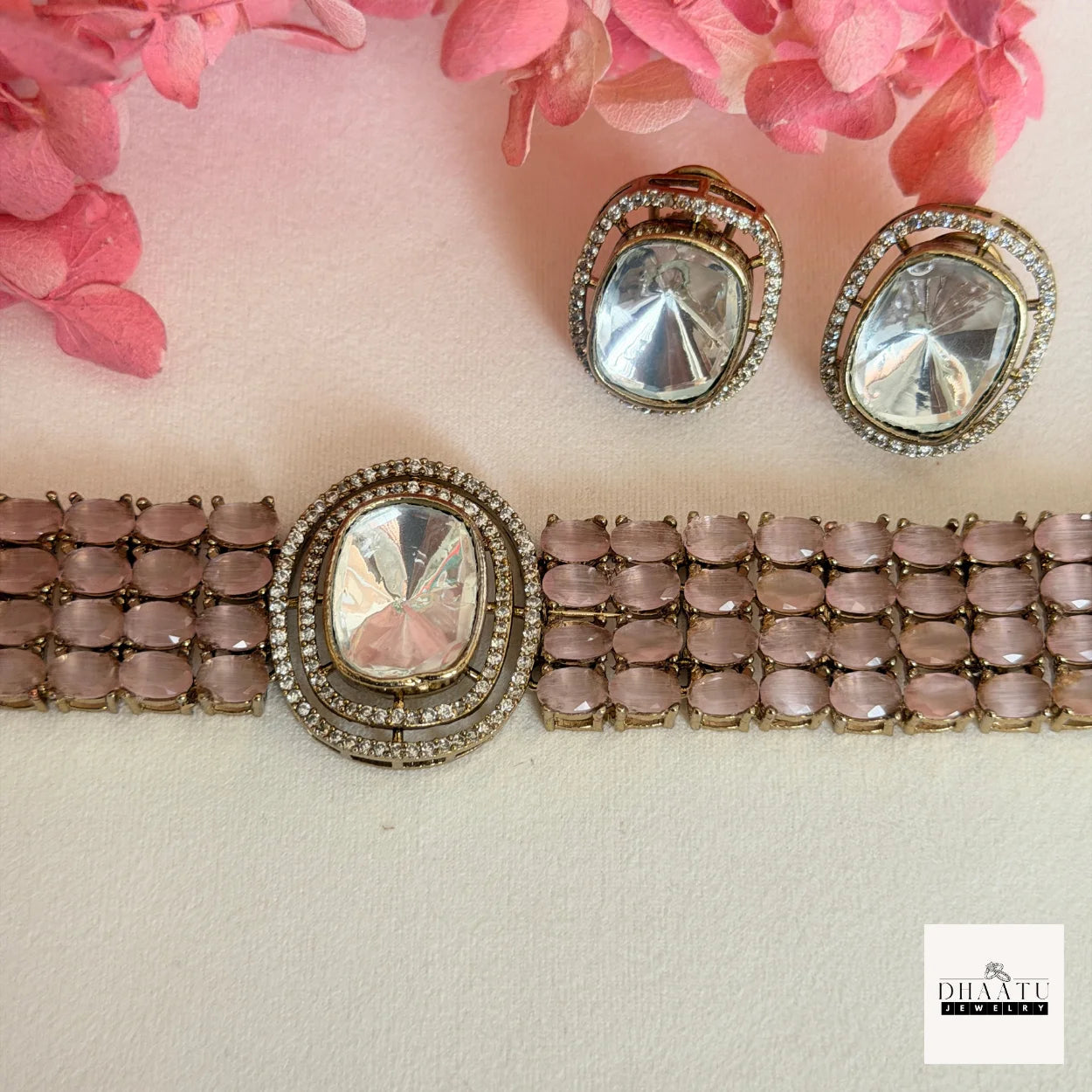 Handcrafted 4-Line Kundan Fusion Choker Set with Matching Studs – Available in Pastel Pink & Mint Green