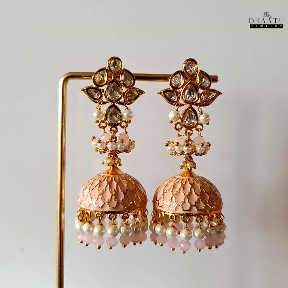 Handcrafted Kundan Polki Jhumka Earrings with Pearls