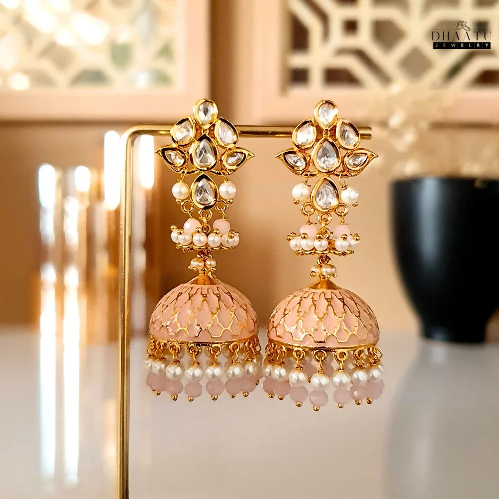 Handcrafted Kundan Polki Jhumka Earrings with Pearls
