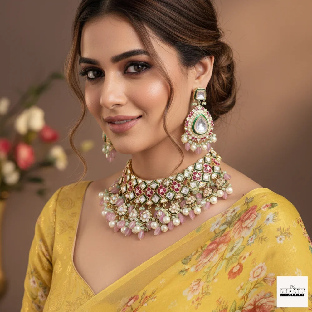 Vibrant Pink & Mint Green Meenakari Polki/Kundan Style Choker Necklace & Earrings Set