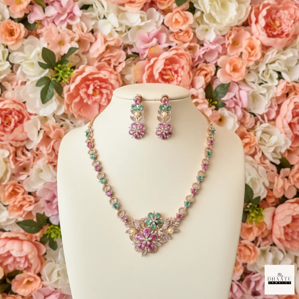 Gulnaar Floral Rose Gold Necklace Set with Pink & Mint Stones and Pearls