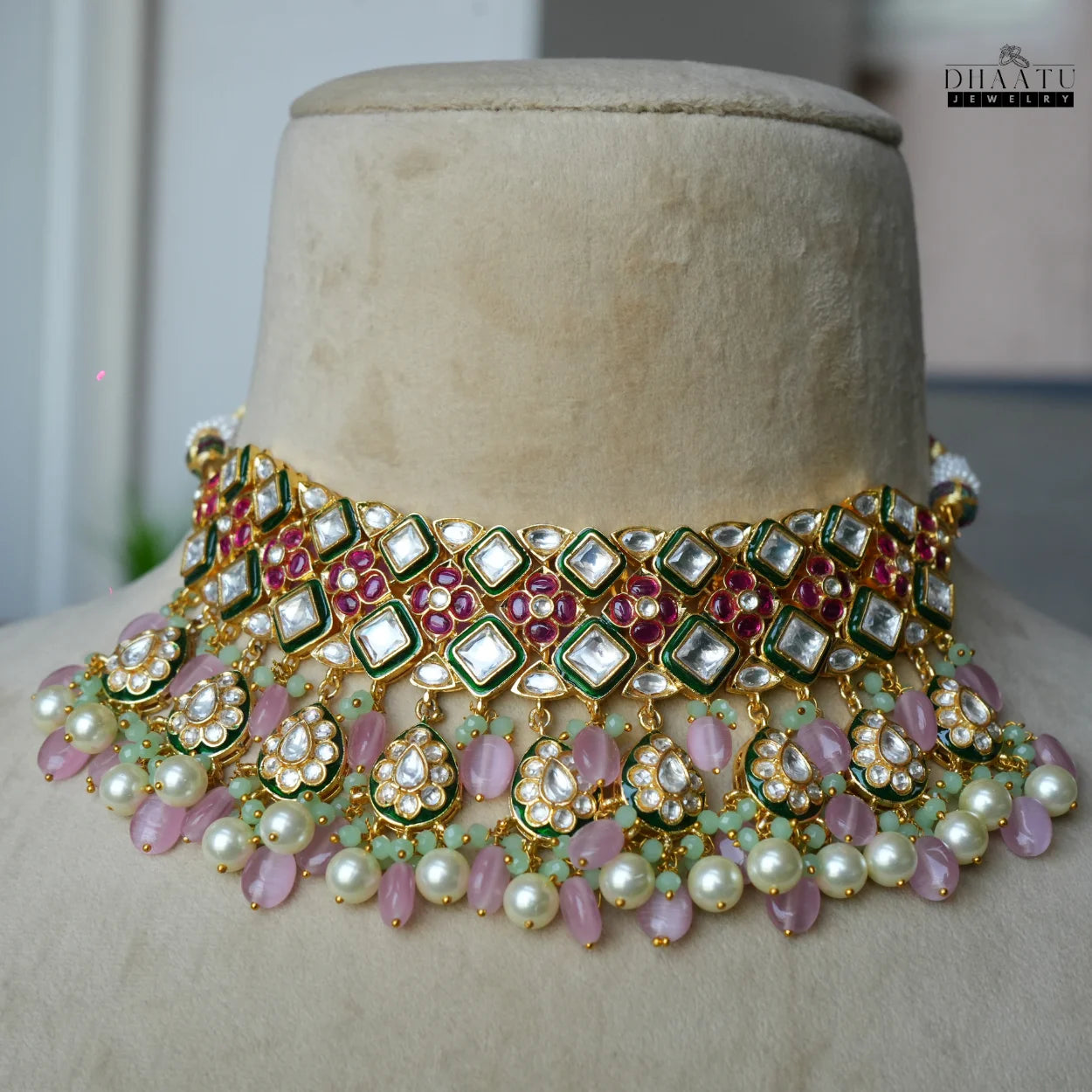 Vibrant Pink & Mint Green Meenakari Polki/Kundan Style Choker Necklace & Earrings Set