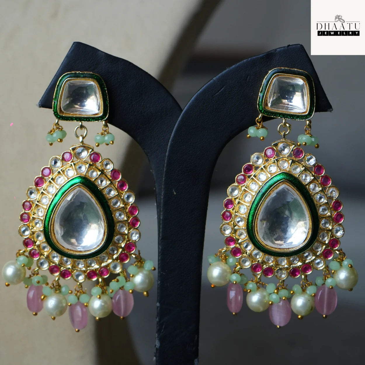 Vibrant Pink & Mint Green Meenakari Polki/Kundan Style Choker Necklace & Earrings Set