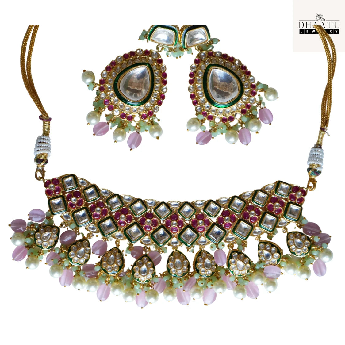 Vibrant Pink & Mint Green Meenakari Polki/Kundan Style Choker Necklace & Earrings Set