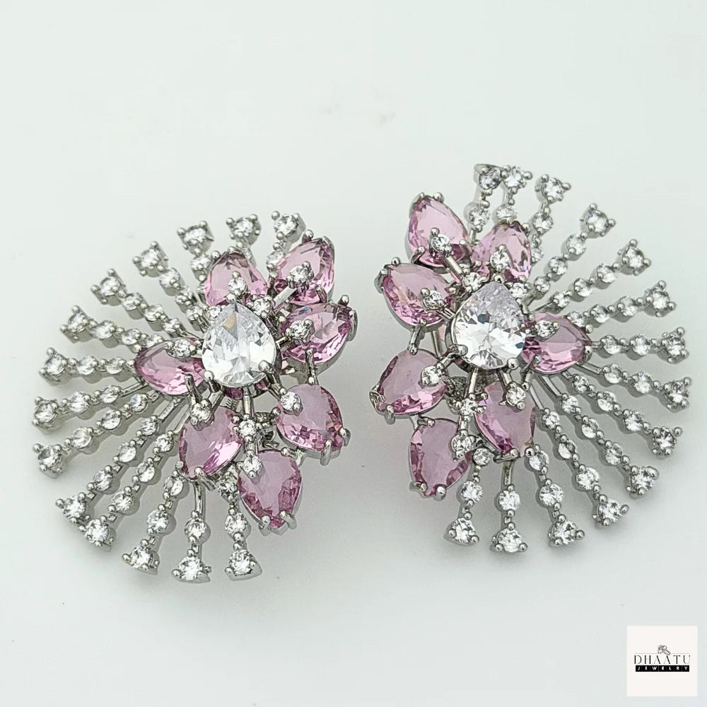 Celestial Sunburst Statement Stud Earrings – Pear-Cut Cubic Zirconia & Crystal Halo (Available in 5 Colors) | Silver Plating