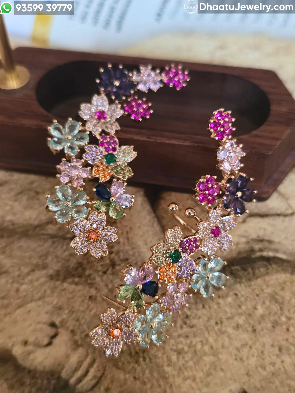 Premium Gold Plated Floral Ear Climber Cuff Earrings – Handcrafted Multicolored & Blue Stone Studded Botanical Crawlers with Secure Cartilage Clasp