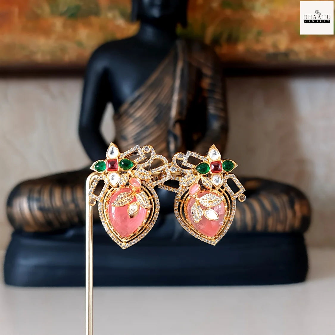 Artisan-Crafted Heart-Shaped Artificial Stud Earrings with Multi-Color Stones