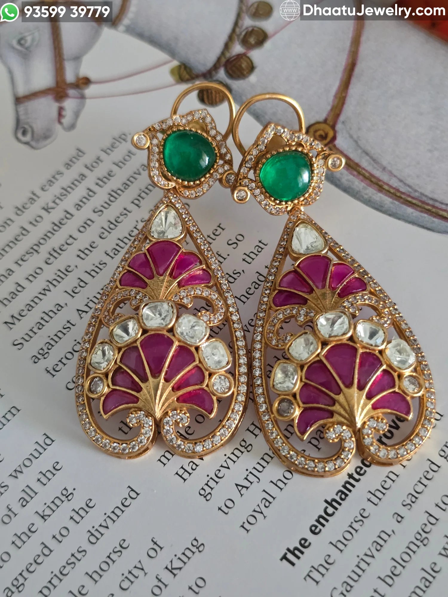 Antique Mehendi Plated Moissanite, Kundan & Ruby-Emerald Doublet Teardrop Earrings