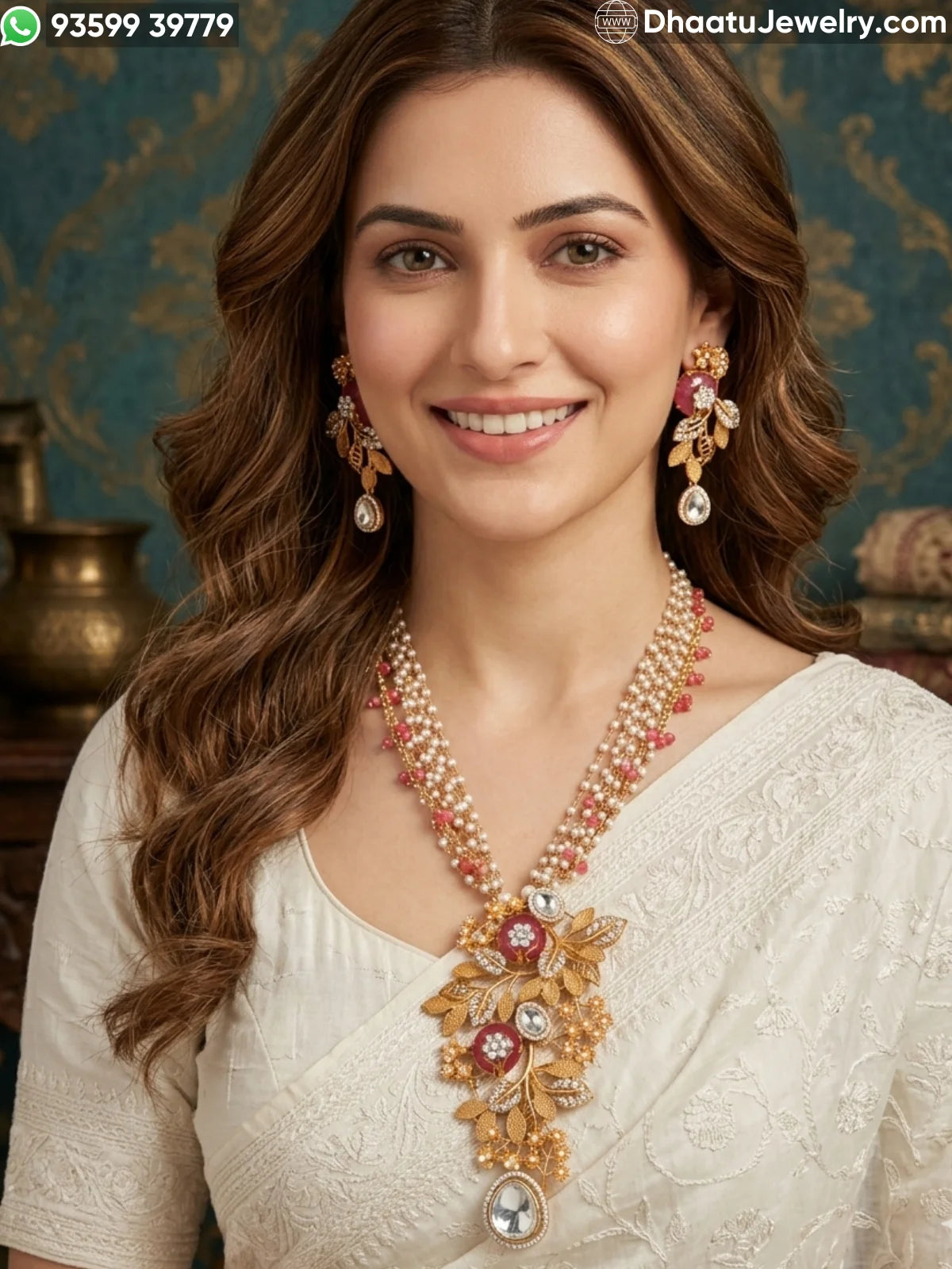 Gold-Finished Brass Floral Kundan & Pearl Layered Necklace Set with Matching Earrings