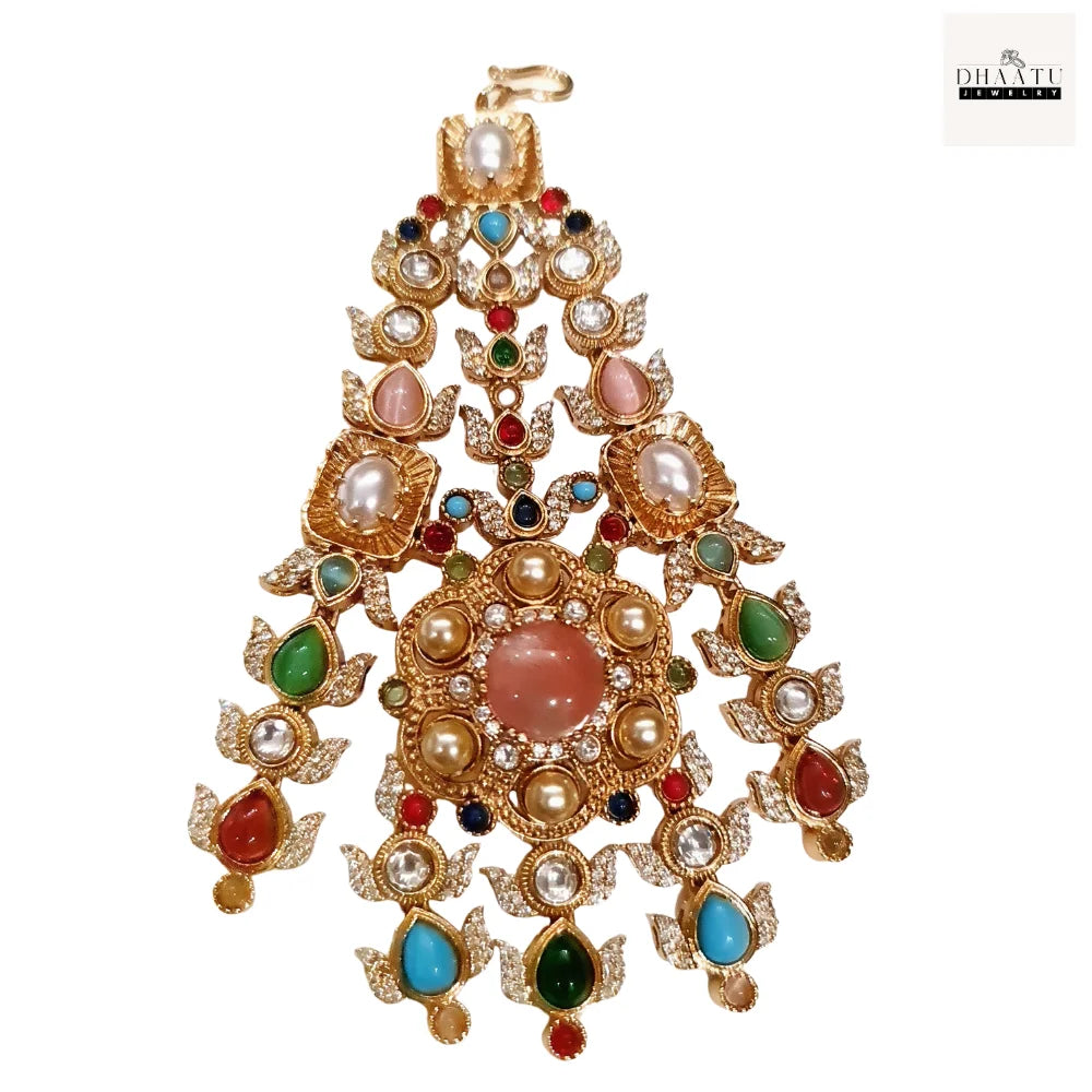 Kundan Passa – Traditional Jhumar Hair Accessory with Pearl Droplets & Multicolor Stones