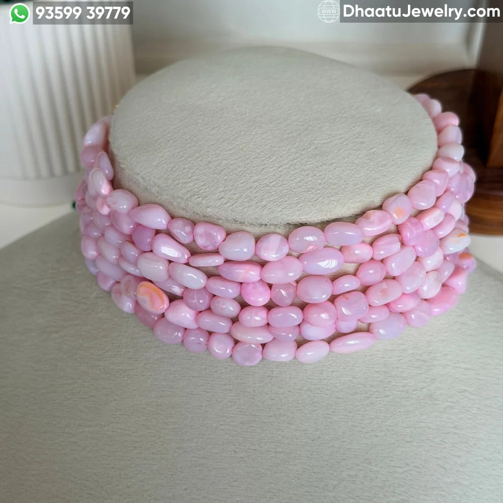 Natural Pink Opal 6-Layer Beaded Choker Necklace - 4.5cm Wide Adjustable Statement Jewelry