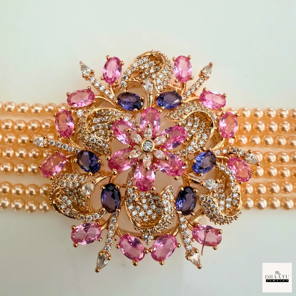 Rose Gold Floral Pearl Choker Set with Pink & Violet CZ Stones