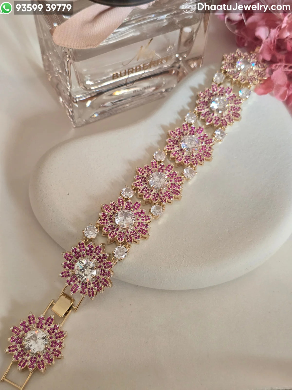 Floral Burst 18k Gold Plated Adjustable Bracelet - Zirconia Sunflower Link Design in Multicolor, Canary Yellow, and Ruby Pink (18-21cm)