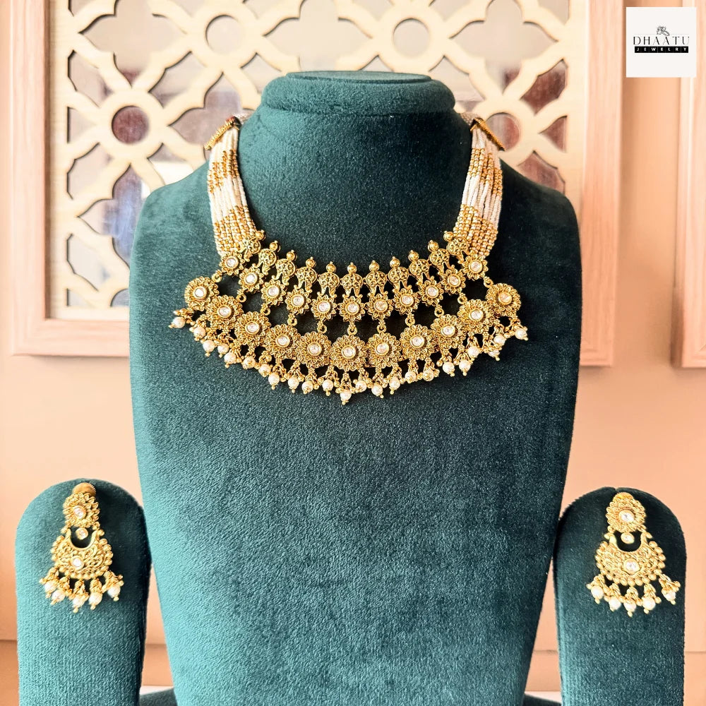 Antique Gold-Plated Kundan Polki Choker Necklace Set with Seed Pearl Multi-Strands and Matching Chandbalis