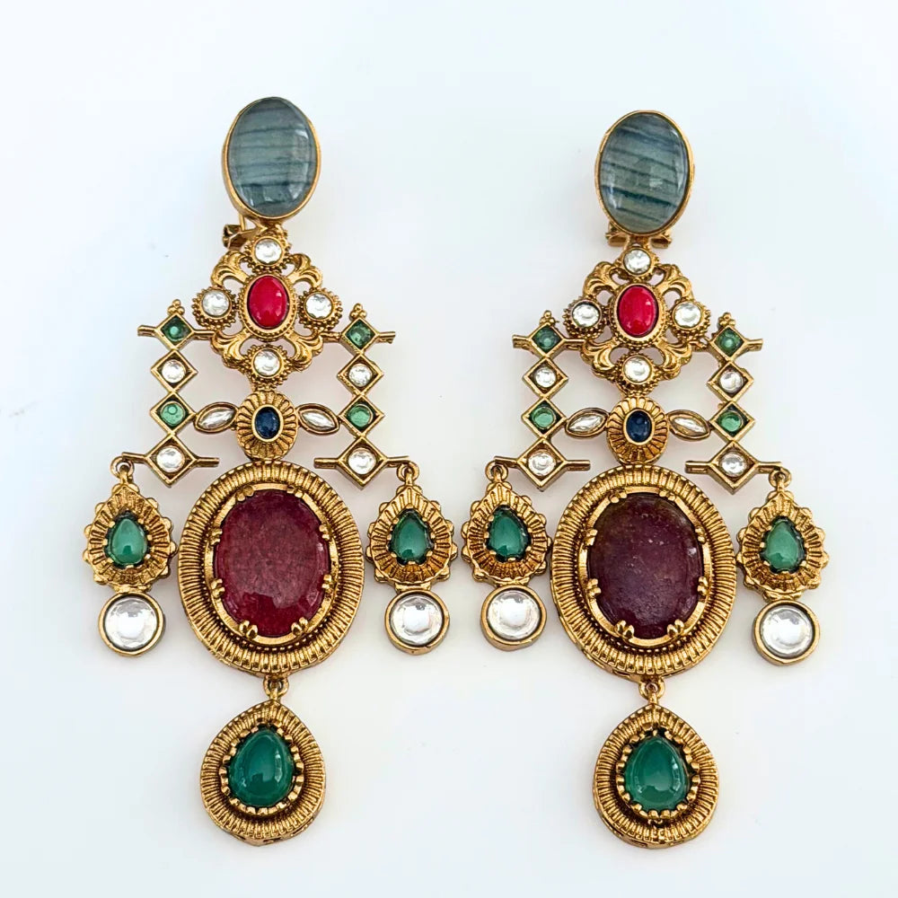 Statement Kundan Polki Chandelier Earrings with Multi-Color Stone Drops | Traditional Indian Jhumka Style