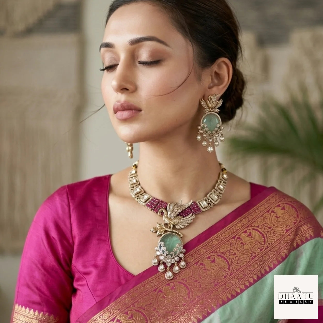 Handcrafted Peacock Motif Fusion Necklace Set with Polki Work and Vibrant Drop Stones