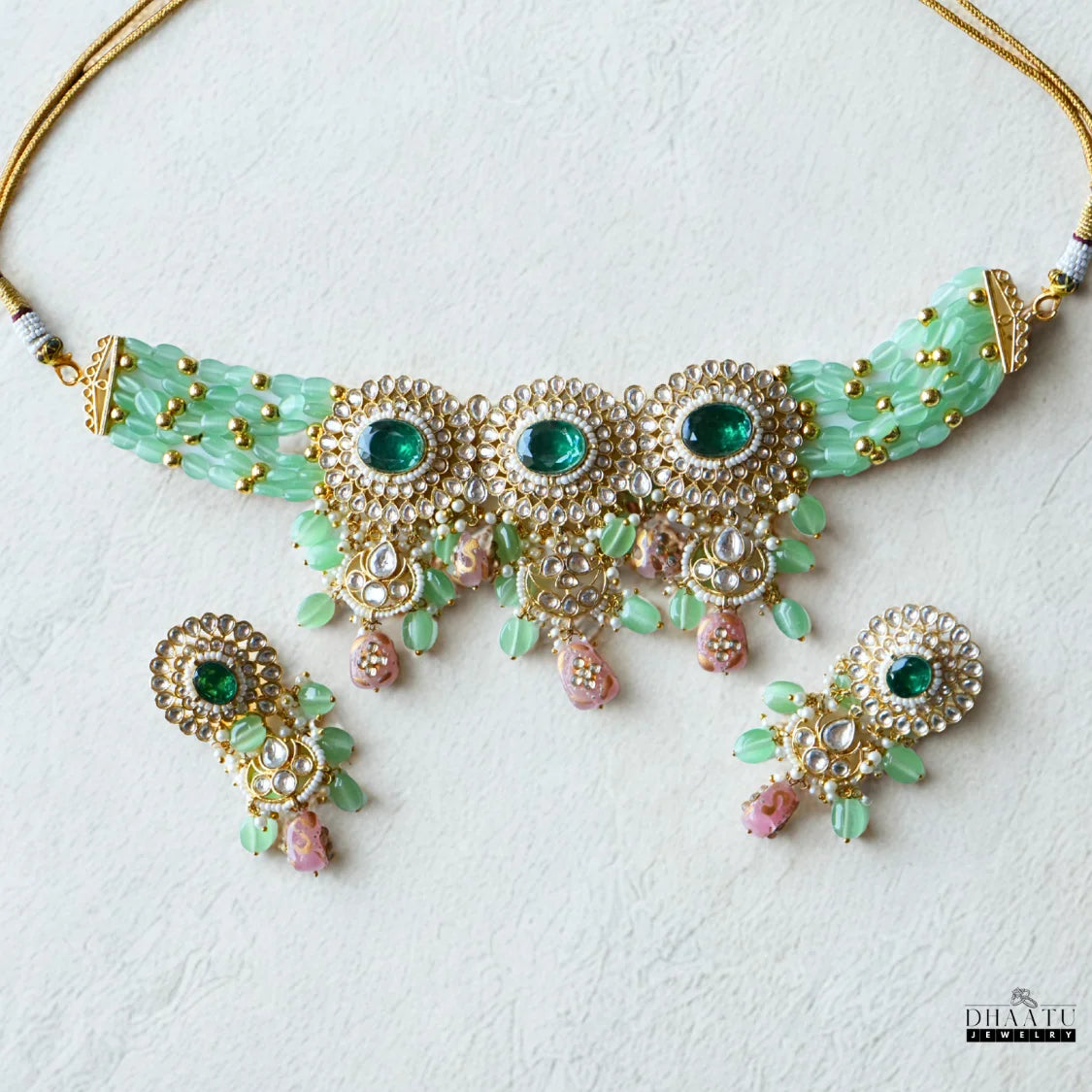 Regal Polki Style Green & Pink Beaded Choker Necklace and Earring Set | Indian Wedding Jewelry